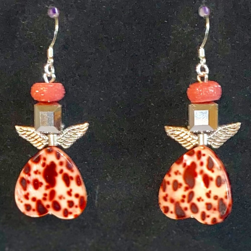 Mother of Pearl Leopard print heart Angel earrings